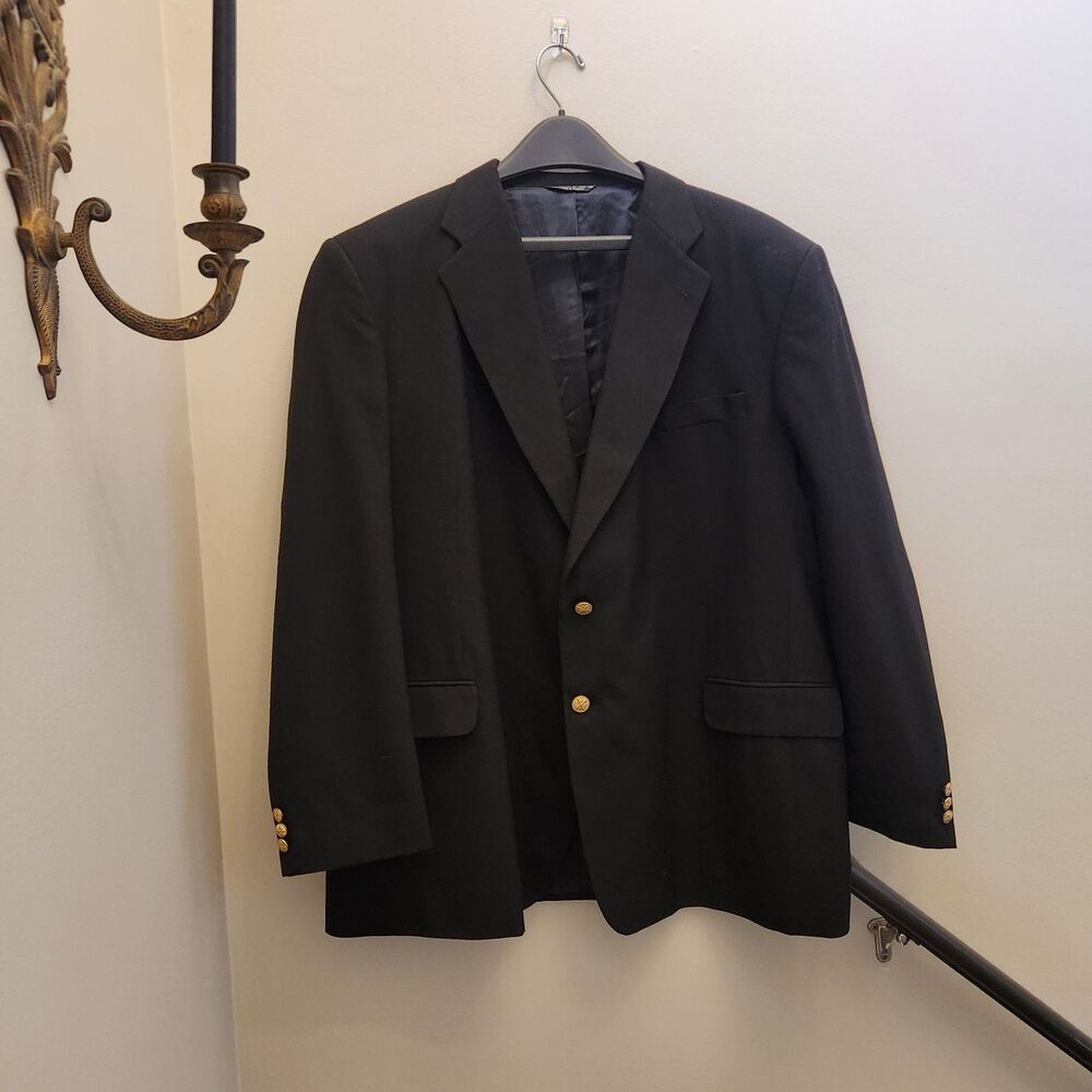 Vtg Croft & Barrow Black Blazer Sport Coat Jacket Mens 50L Wool Gold Button 90s